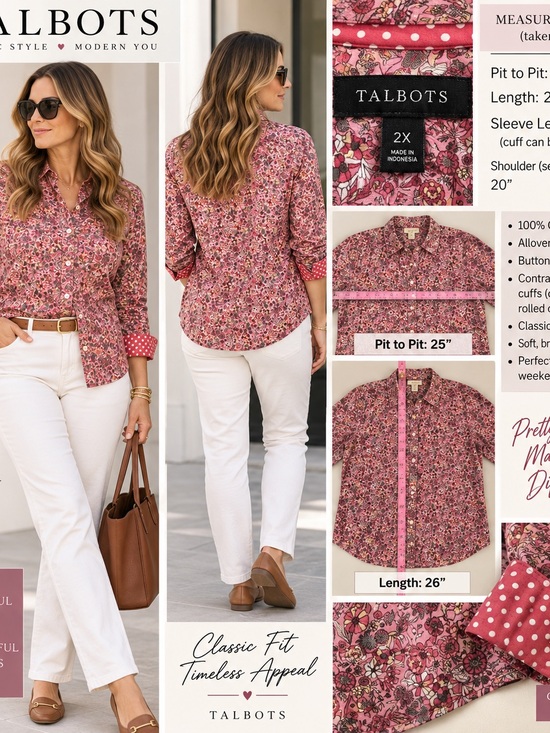Talbots Tops - Talbots Pink Floral Button-Down Shirt with Contrast Cuffs